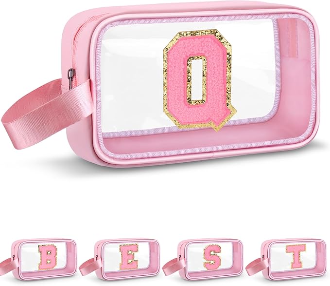 Initial Makeup Bag,Letter Q Cute Clear Monogrammed Cosmetic Travel Bag for Womens Girls,Personalized Pink Aesthetic Traveling Make Up Organizer Bag for Beach,Waterproof Toiletry Bag