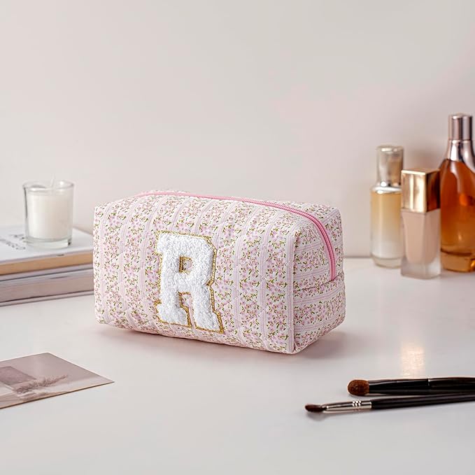 JOVAKIT Alphabet Makeup Bag Cosmetic Bag for Women, Christmas Gifts for Girls Age 6-18, Floral Flowers Coquette Travel Toiletry Zipper Make Up Pouch Organizer Trendy Stuff (Pink Floral R)