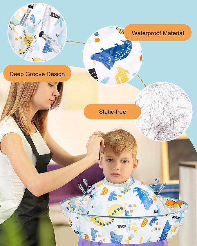Lictin Haircut Capes Umbrella for Kids - Hair Cutting Haircut Cape Kids Waterproof Foldable Adjustment, Hairdressing Umbrella Cape Apron, Dinosaur Theme
