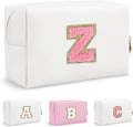 Small Initial Preppy Makeup Bag, Personalized Cute White Cosmetic Organizer Chenille Letter Travel Toiletry Zipper Pouch, Waterproof PU Leather Make Up Case Gifts for Women Girl Female Mom(Letter Z)