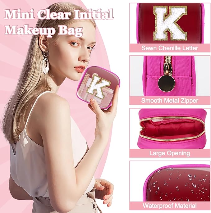 Mini Clear Personalized Initial Makeup Bag,Nylon Preppy A-Z Chenille Letter Patch Zipper Cosmetic Bag, Small Cute Beach Pouch Travel Purse Sanitary Napkin Storage Bag for Women Girls(Hot Pink-White K)