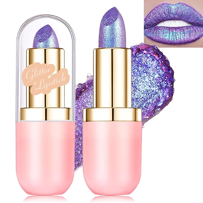 Purple Metallic Lipstick, Holographic Glitter Lip Stick for Women Makeup Long Lasting Lightweight Non-Sticky Hydrating Lip Tinted Full Coverage High-Shine Sparkling Shimmer Chameleon Lipstick