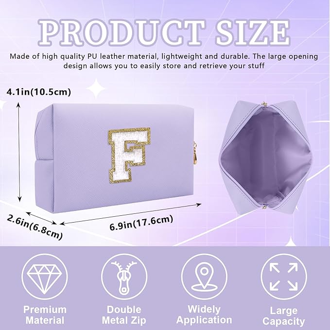 Personalized Initial Letter Patch Makeup Bag, Preppy Small Chenille Cosmetic Bag with Zipper, PU Leather Waterproof Travel Toiletry Bag Monogram Make Up Pouch for Women Girls
