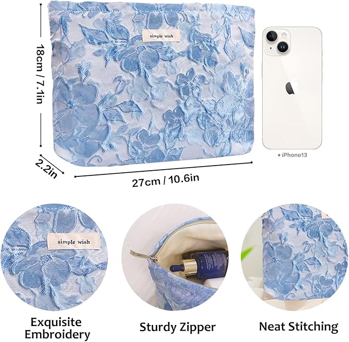 STARDW Aesthetic Floral Makeup Bag Cute Small Cosmetic Bags for Women Girls, Travel Toiletry Bag Large Capacity Zipper Makeup Pouch, Purse Organizer Pouches (Embossed Flowers)
