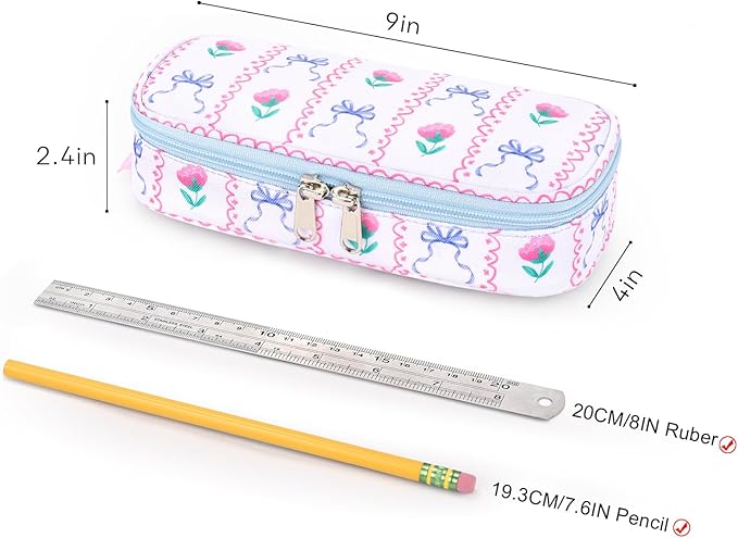 mibasies Girls Pencil Case for Kids, Multi-Slot Pencil Pouch, Bowknot Rose Sky Blue