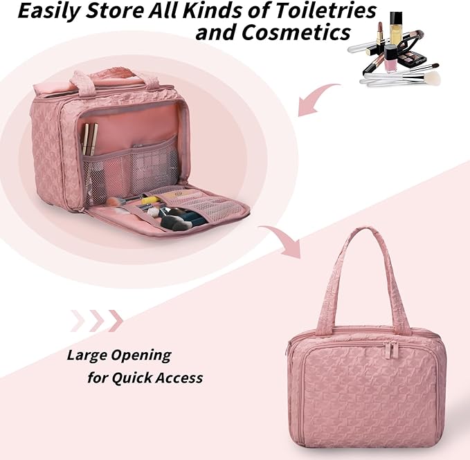 SUNRISING Travel Toiletry Bag for Women，Large Toiletry Bag for Women，Water-Resistant Puffy Cosmetic Makeup Bag Organizer with Handle for Travel Toiletries Skincare Accessories Essentials - Pink