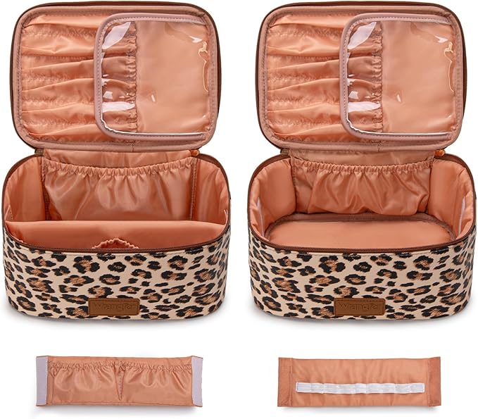 Montana West X Wrangler Travel Makeup Bag 2pcs Set Large Cosmetic Bag with Makeup Brush Holder Portable Make Up Organizer Cute Toiletry Bag with Divider and Handle for Women Leopard