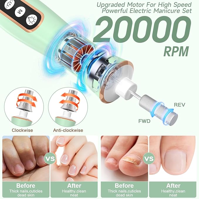 Cordless Electric Nail Drill with 360° LED light&10 Speeds, Professional Manicure Pedicure Kit, Rechargeable Pedicure Tools for feet, Hand Foot Care Nail Drill for Thick Nail Toenail Cuticle Women Men