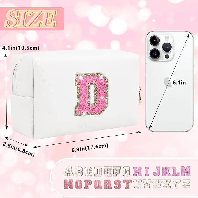 Personalized Initial Letter Makeup Bag, Preppy Glitter Letter Patch Cosmetic Pouch Zipper,PU Waterproof Travel Toiletry Bag Cute Makeup Organizer Monogrammed Make Up Bag,Gift for Women Girls(Letter D)