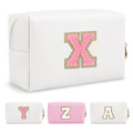 Personalized Makeup Bag Initial A-Z Preppy Patch Bag,Small PU Leather Travel Cosmetic Bag Pouch with Zipper,White Cute Toiletry Bag,Gift Ideal for Teen Girls Women Birthday Friend Mom,Letter X