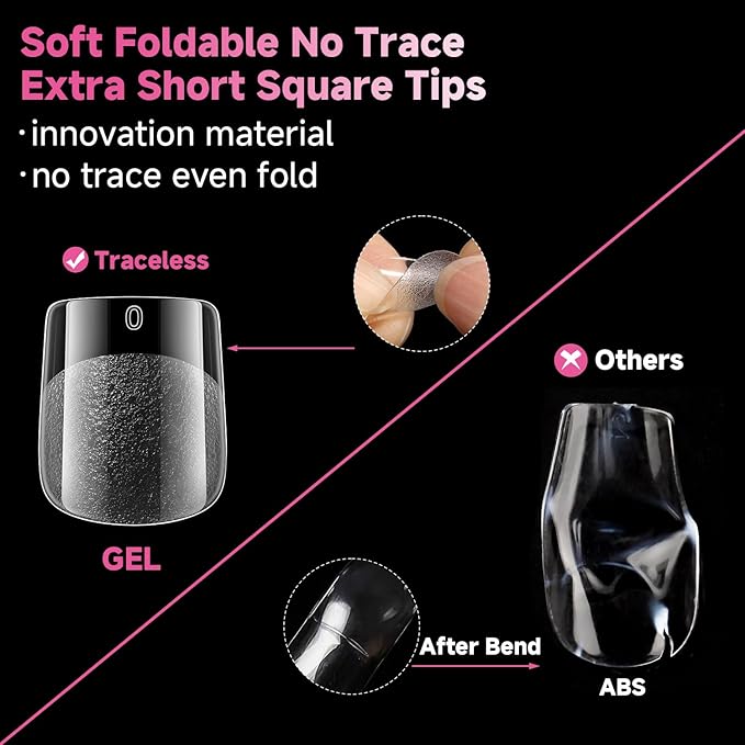 UNA GELLA Extra Short Square Nail Tips, 312pcs XS Square Gel Nail Tips, Soft Gel Full Cover Half Matte No Need File Acrylic Fake Nails for Nail Extension Home DIY Nail Salon 12 Sizes