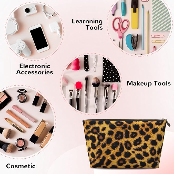 Womens Leather Makeup Bag Cosmetic Bag Travel Toiletry Bags Make Up Bags for Women Adult (Leopard Pattern)