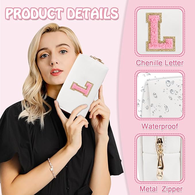 Personalized Initial Preppy Travel Makeup Bag Organizer, Small White Cute Cosmetic Bag Toiletry Zipper Pouch for Women, Portable Waterproof PU Makeup Case Gift for Her Birthday Mom Teacher(Letter L)