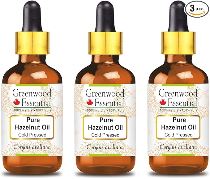 Greenwood Essential Pure Hazelnut Oil (Corylus avellana) with Glass Dropper Cold Pressed (Pack Of Three) 100ml X 3 (10 oz)