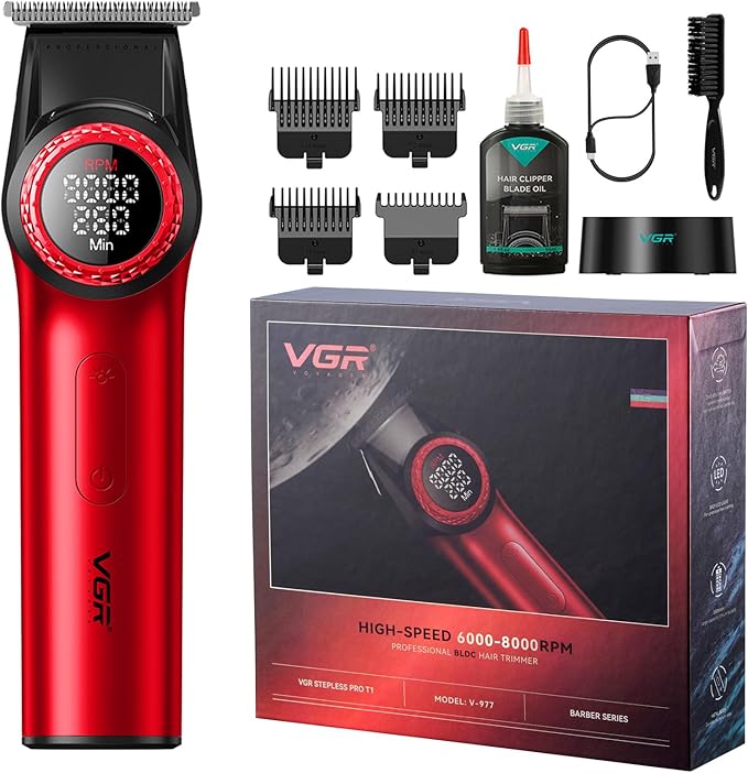 VGR 977 Professional Hair Trimmer Hair Clippers for Men, 8000rpm T-Blade Trimmer Zero Gapped Cordless Barber Clippers, Rechargeable Edgers Clippers with LED Display(Red)