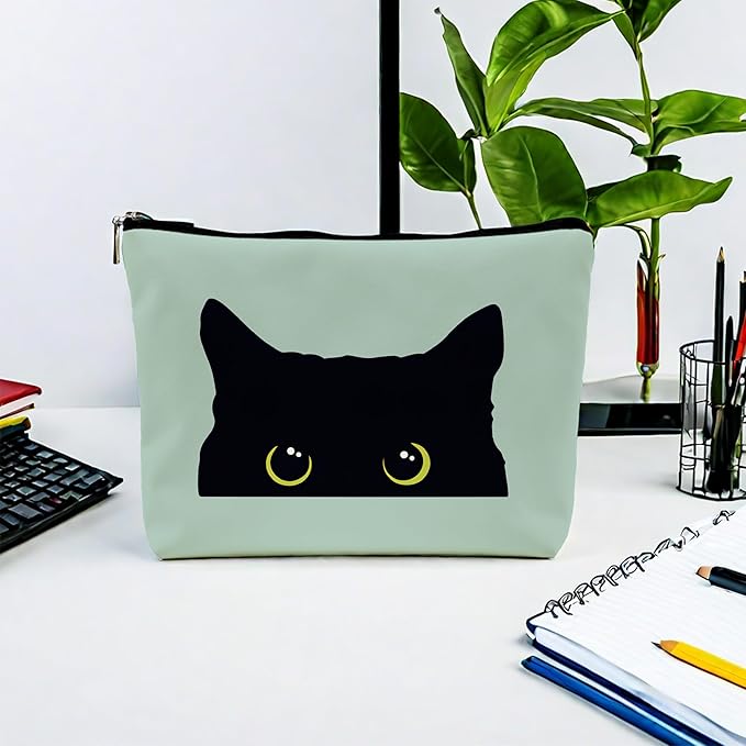 Black Cat Makeup Bag – Cute Cosmetic Pouch Travel Toiletry Bag, Zipper Organizer for Women Girls, Multifunction Cat Lover Gift Purse (Greener Pu Leather)