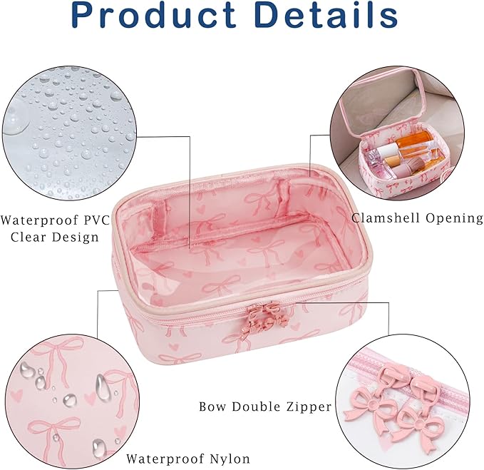 Cute Clear Makeup Bag with Bow Patten,Transparent Nylon Travel Cosmetic Case with Zipper,Portable Makeup Organizer Pouch for Essentials(04Pinkbow-pink)