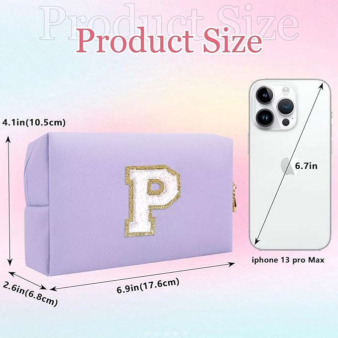 Small Personalized Letter Makeup Bag, Cute PU Leather Chenille Letters Cosmetic Bag Travel Makeup Pouch, Preppy Travel Organizer Zipper Pouch for Women&Girls（Purple-P）