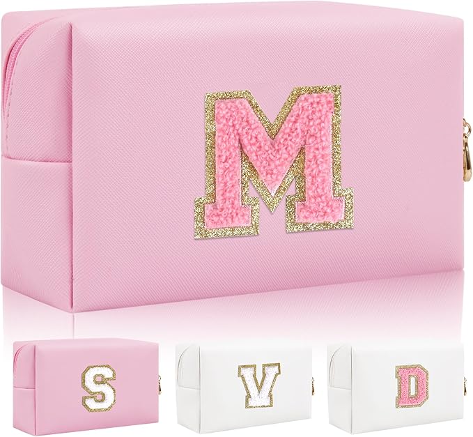 Personalized Initial Letter Patch Makeup Bag, Preppy Small Chenille Cosmetic Bag with Zipper, PU Leather Waterproof Travel Toiletry Bag Monogram Make Up Pouch for Women Girls