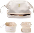 Personalized Gifts, Initial Makeup Bag, Personalized Double Layer Cosmetic Bag with Makeup Brush Organizer, Large Capacity PU Leather Travel Toiletry Bag Bride Gifts, Bridal Party Gifts