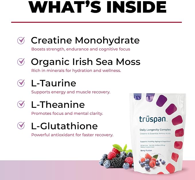 TruSpan Daily Longevity Complex Creatine Powder, with Essential Amino Acids, Sugar Free, Berry Fusion Flavor, 30 Servings