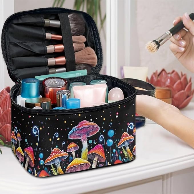 Colorful Mushrooms Pattern Makeup Bag Travel Cosmetic Bag with Zipper and Handle Portable Large Capacity Toiletry Case for Women Ladies Travel Accessories