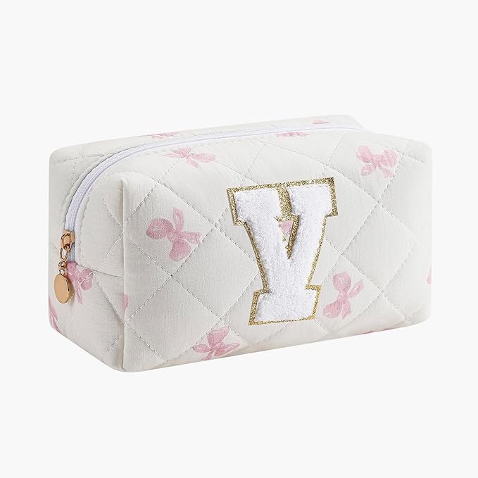 Gleyemor Personalized Initial Makeup Bag for Women, Cute Quilted Pink Floral Cotton Cosmetic Bag, Christmas Gifts for Her Mom Friend Sister Bridesmaid Teacher Women V