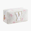 Gleyemor Personalized Initial Makeup Bag for Women, Cute Quilted Pink Floral Cotton Cosmetic Bag, Christmas Gifts for Her Mom Friend Sister Bridesmaid Teacher Women V