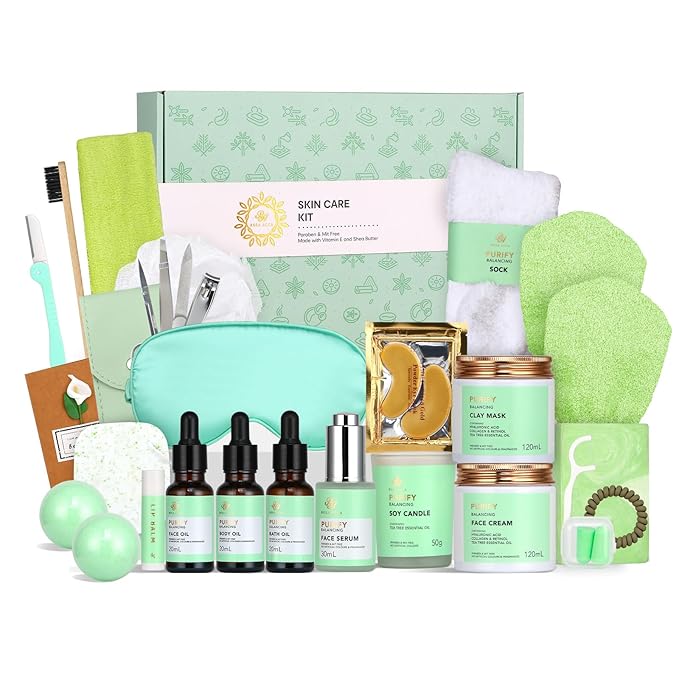 Facial Skin Care Set & Spa Kit - Gift for Men & Women Ideas, Self-Care Relaxation Gift, Skin Care Collection with Tea Tree Essential Oil, Hyaluronic Acid Serum, Dad, Mother's Day, Christmas, Birthday