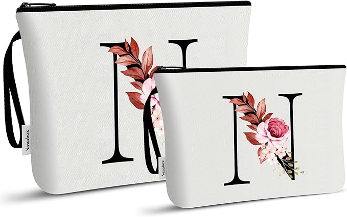 Vavabox A-Z Personalized Makeup Bag, Birthday Gifts for Women Mom, Gifts for Best Friend, Bride Bridesmaid Cosmetic bag (N, 03-White Set)