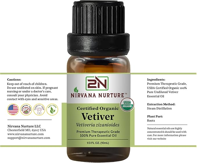 Vetiver Essential Oil USDA Certified Organic, 100% Pure Natural Premium Grade, Undiluted- Aromatherapy Diffuser for Calm and Relaxation, Skin Care, Hair Care