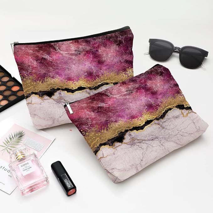 Cute Makeup Bag for Purse Canvas Waterproof Funny Cosmetic Bags for Women Zipper Travel Toiletry Pouch-Wine Marble Makeup Bags