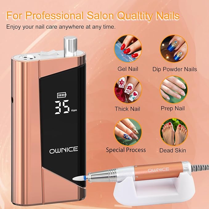 Electric Professional Nail Drill 35000RPM Cordless Portable Nail E-File Buffer Tools with Bits Perfect for Salon Manicure Pedicure Acrylic, Gel, Natural Nails(Rose Gold)