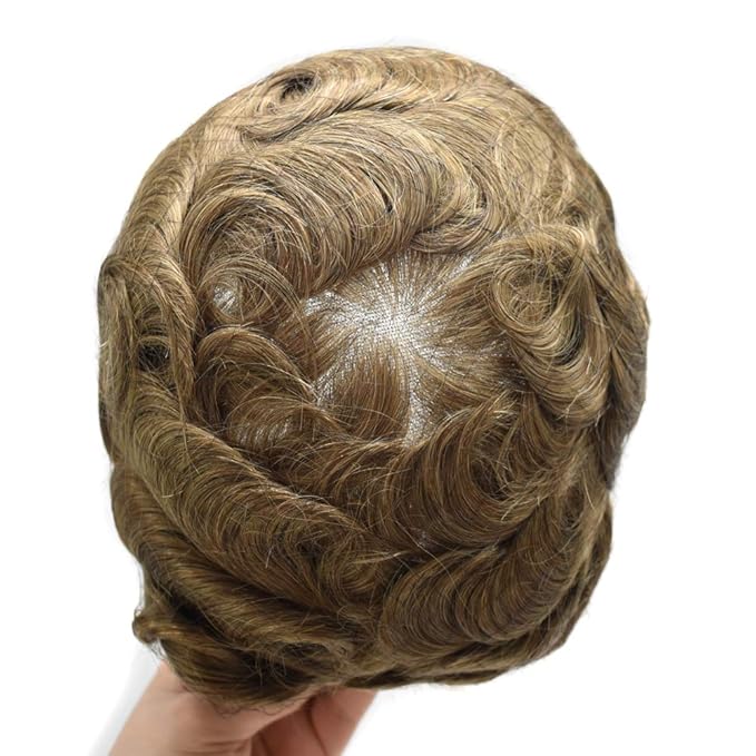 FACE MIRACLE Hair System for Men French Lace Mens Toupee Human Hair Replacement System Lace with PU Toupee for Men Male Hair Piece Wigs 8"X10" #710 7# VERY LIGHT BROWN WITH 10% SYNTHETIC GREY
