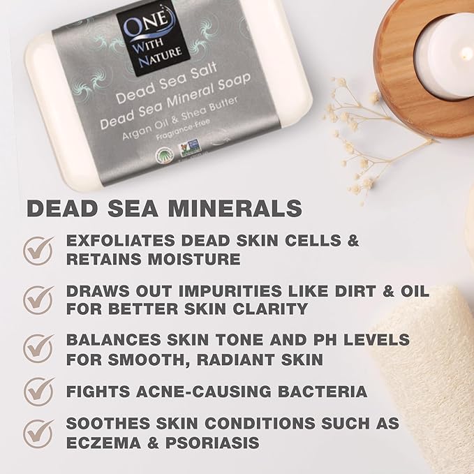 One With Nature Dead Sea Salt Soap 7oz 3-Pack – Purifying and Exfoliating Soap Bar with Dead Sea Minerals for Face & Body, for Men & Women. Unscented.