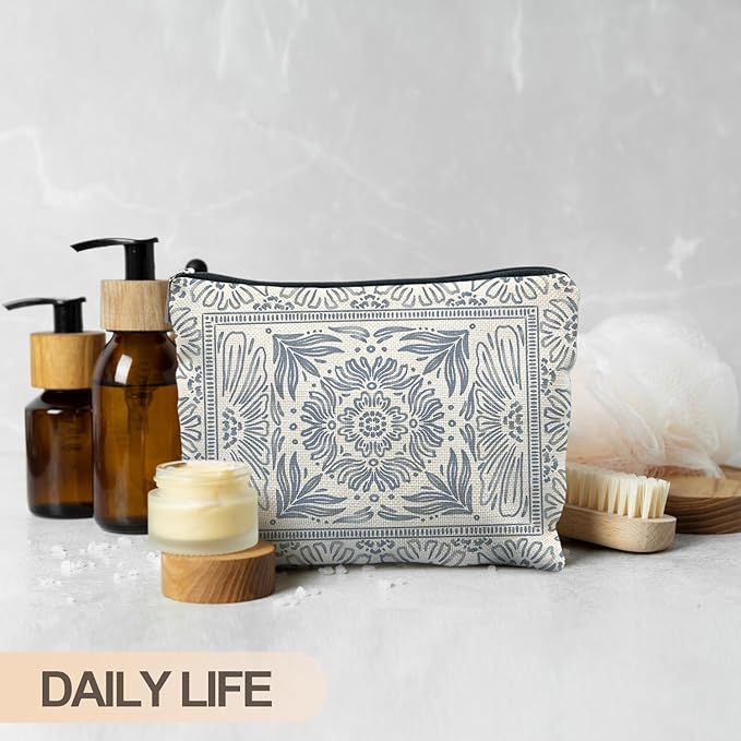Light Blue Floral Makeup Bag - Vintage Moroccan Tile Chinoiserie Boho Blue Floral Cosmetic Bag
