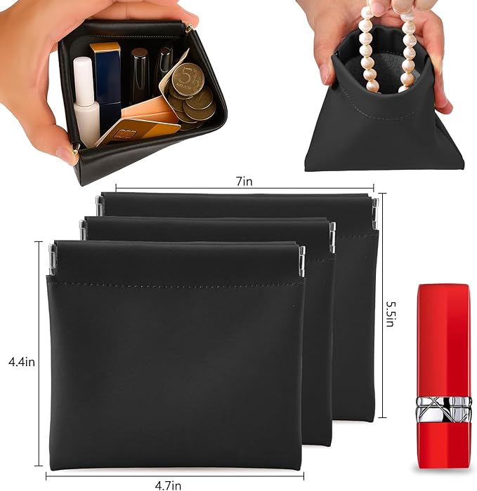 BUSOHA 3 Pack Small Makeup Bag for Purse - Mini Portable Cosmetic Bags for Women, Coin Purse Lipstick Cosmetic Accessories Organizer, Small Travel Kit Storage Pouch (Black)