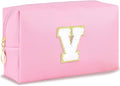 Initial Makeup Bag Personalized Preppy Travel Small Cosmetic Bag Cute PU Pink Chenille Letter Makeup Pouch for Purse Waterproof Zippered Toiletry Organizer for Women Girls Kids Friends (V)