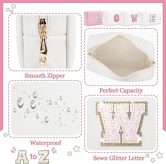 Personalized Initial Letter Patch Makeup Bag, Preppy Glitter Letter Makeup Organizer, Cute Monogrammed Pouch Cosmetic Bag PU Leather Waterproof Travel Toiletry Bag, Gift for Women Teen Girls