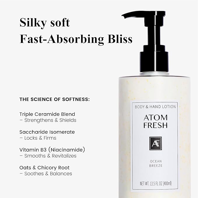 Atom Fresh Body Lotion for Women, Hydrating & Firming Body Moisturizer for Dry Skin, Ceramide & Niacinamide Skin Barrier, Non-Greasy Vitamin E Lotion, Ocean Breeze Scent, 13.5 fl oz
