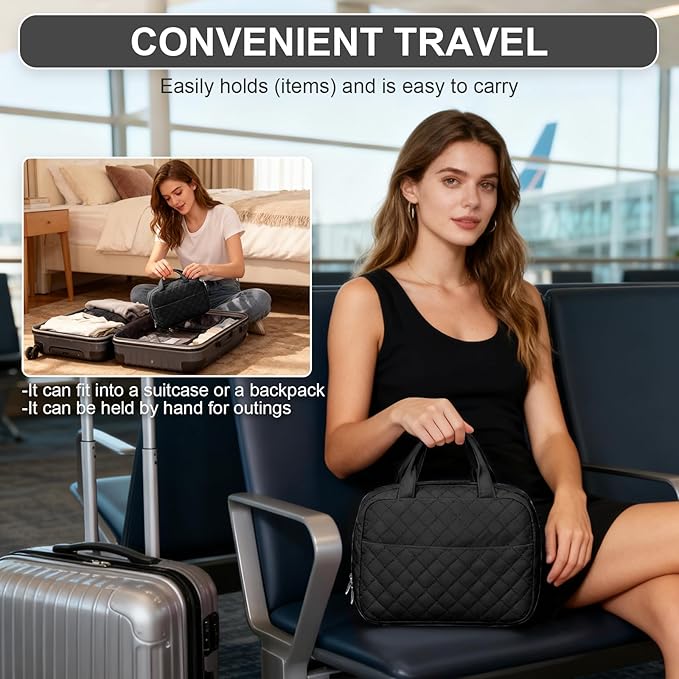 Travel Toiletry Bag For Women Small Hanging Toiletry Travel Makeup Bag lightweight Water-Resistant Toiletries Organizer case portable Cosmetic Bags For Women Black