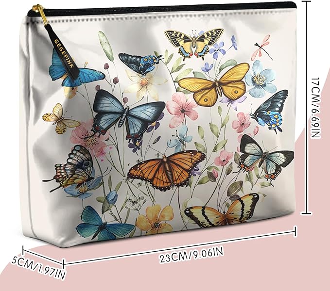 Cute Makeup Bag for Purse Waterproof Cosmetic Bags for Women Funny Smooth Zipper Travel Toiletry Pouch 10X8 Inches-Butterfly Wildflower Makeup pouch