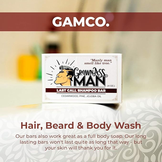 Grown Ass Man Co. - Solid Shampoo Bar Rich Lather 3 in 1: Hair, Beard & Body Wash - Plastic Free & Eco-Friendly, Natural & Organic Clean for All Hair Types, 4oz Bar (Last Call, 6-Pack)