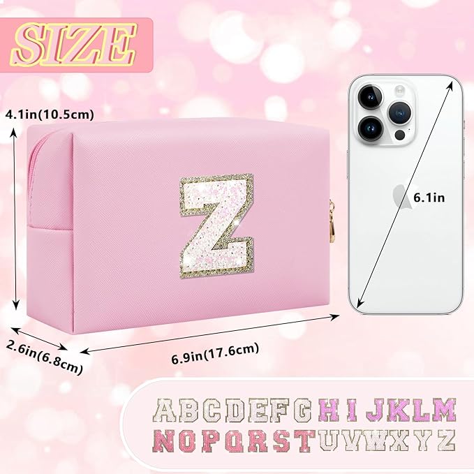 Initial Letter Patch Makeup Bag, Preppy Glitter Pouch Cosmetic Bag, Small PU Travel Toiletry Bag Zipper, Personalized Monogrammed Gift for Friends, Sisters & Teens (Letter Z)
