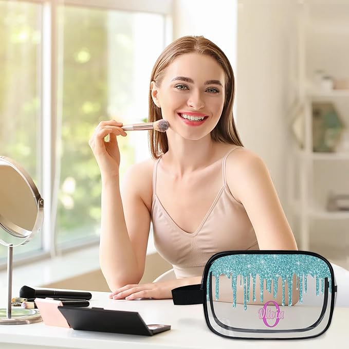Custom Transparent Travel Toiletry Bag for Women, PVC Large Makeup Bag, Cosmetic Bag, Comestic Essentials for Women, Water Flow Shape Aqua Blue Shiny Glittering