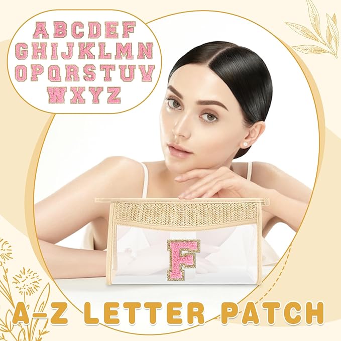Small Boho Straw Initial Letter Makeup Bag Personalized Gift ,Cute Clear Chenille Patch Makeup Bag With Zipper,Trendy TSA Approved Travel Toiletry Bag,Gift for Women Girls Birthday Friend, Letter F