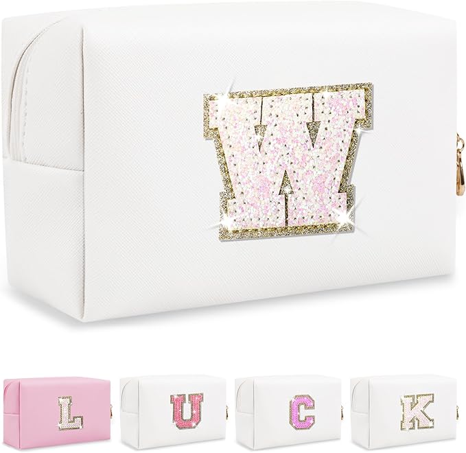 Personalized Initial Letter Patch Makeup Bag, Preppy Glitter Letter Makeup Organizer, Cute Monogrammed Pouch Cosmetic Bag PU Leather Waterproof Travel Toiletry Bag, Gift for Women Teen Girls