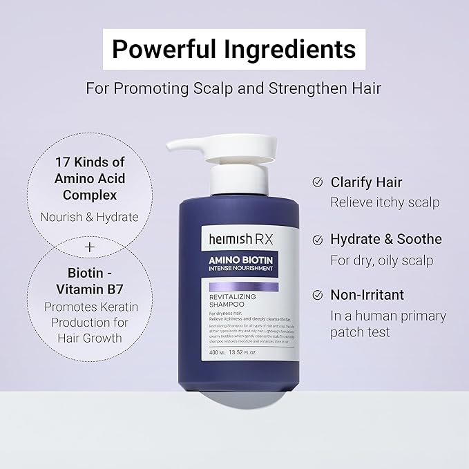 HEIMISH RX Amino Biotin Revitalizing Shampoo - Hair Treatment for Gentle Cleansing, Hydrating, Volumizing, Itchiness Relief, For All Types of Hair & Scalp with Amino Acid, Biotin, 400ml (13.52 fl.oz)