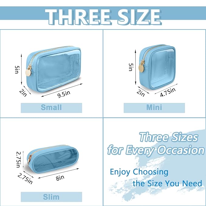 Clear Small Pencil Pouch Makeup Bag for Purse,Nylon&PVC Pencil Case Waterproof Makeup Brush Holder with Zipper,Preppy Transparent Pen Bag Travel Cosmetic Bag for Women Office(Slim-Blue)