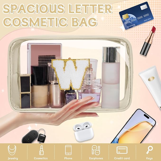 Personalized Initial Clear Makeup Bag, Travel Chenille Patch Cosmetic Bag, Preppy Toiletry Bag Monogram Cosmetic Pouch with Zipper, Ideal Gift for Teen Girls Women (Clear-Beige, W)